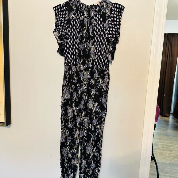 REBECCA TAYLOR Black Navy Floral Paisley Print Silk Blend Jumpsuit Romper Size 6 - Picture 3 of 11
